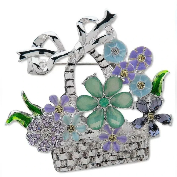 Anne Klein Silver-Tone Multi-Stone Flower Basket Pin, Brand New with tag NWT - Picture 1 of 5